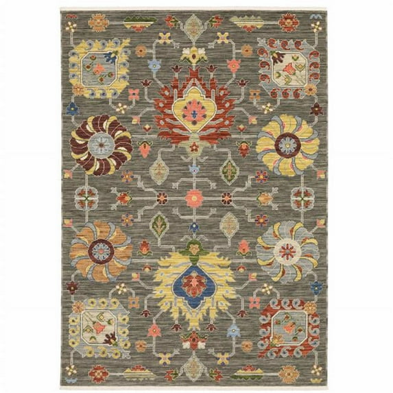 10 x 13 ft. Gray Charcoal Yellow Blue Rust Red Pink Green & Ivory Oriental Power Loom Stain Resistant Rectangle Area Rug with Fringe
