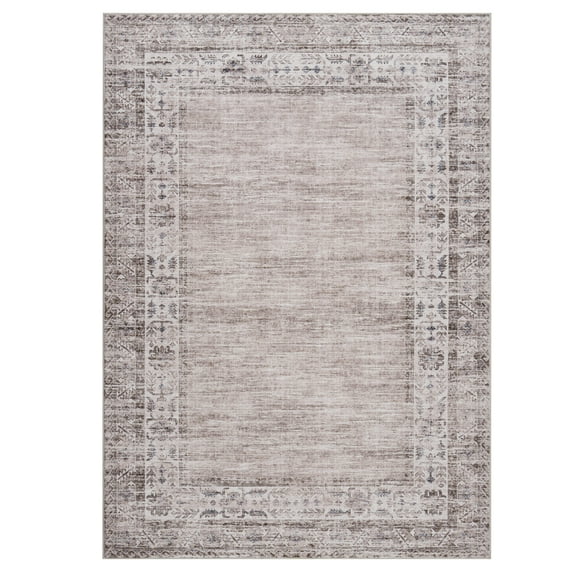 10 x 13 ft Polyester Light Taupe Rectangular Indoor Bedroom Living Room Distressed Floral Print Vintage Machine Washable Area Rug