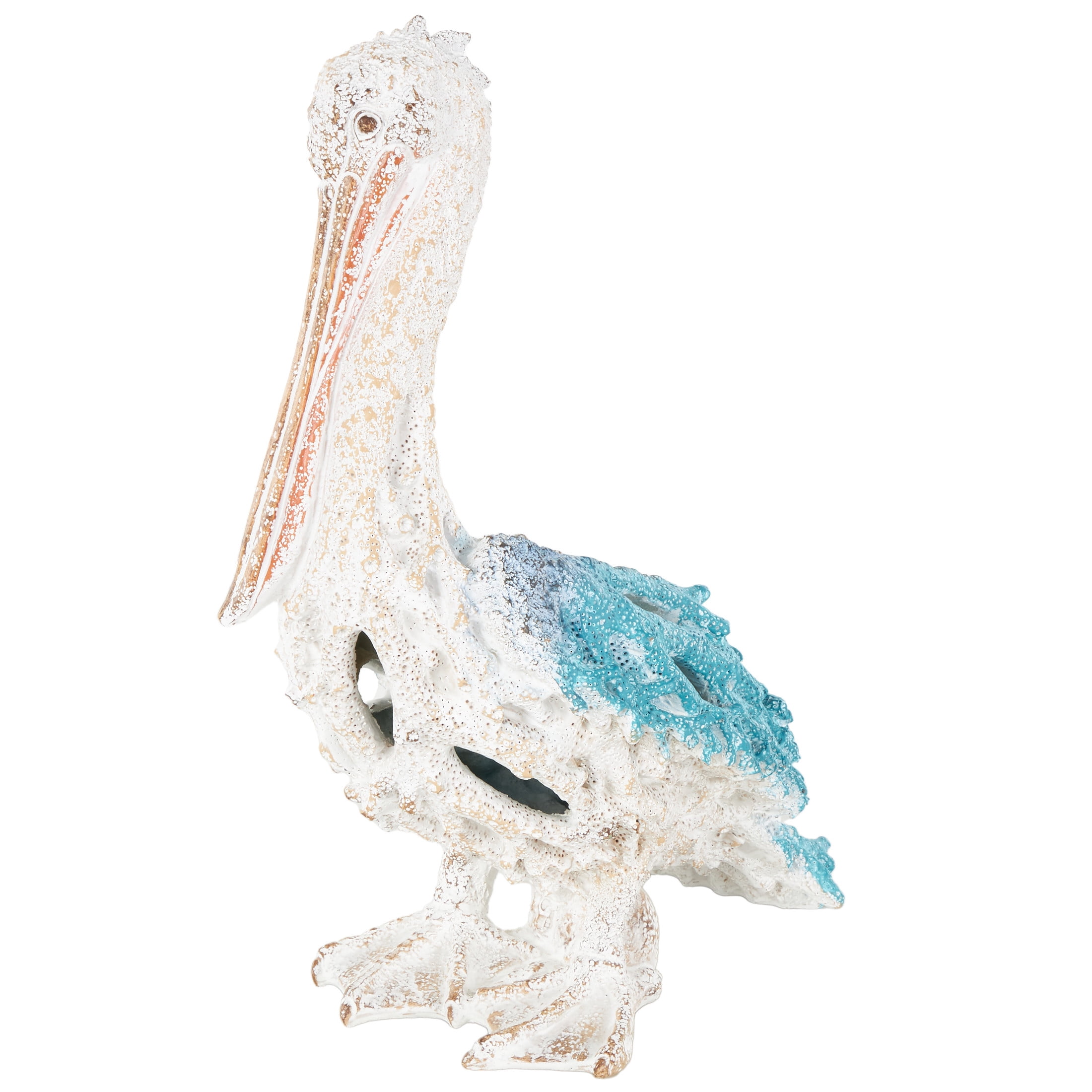 10" x 14" Blue Polystone Textured Pelican Sculpture with Blue Feathers, by DecMode