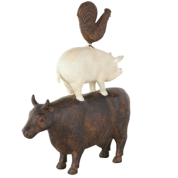 10" x 14" Brown Polystone Stacked Farm Animals Sculpture with Cream Accent, by DecMode