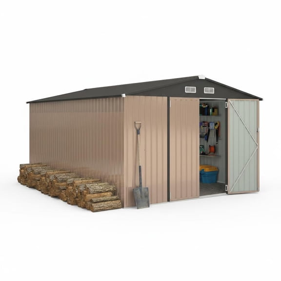 10 x 14 FT Outdoor Metal Storage Shed, Galvanized Steel Garden Tool Shed with Sloped Roof, Lockable Doors, Air Vents, No Floor.