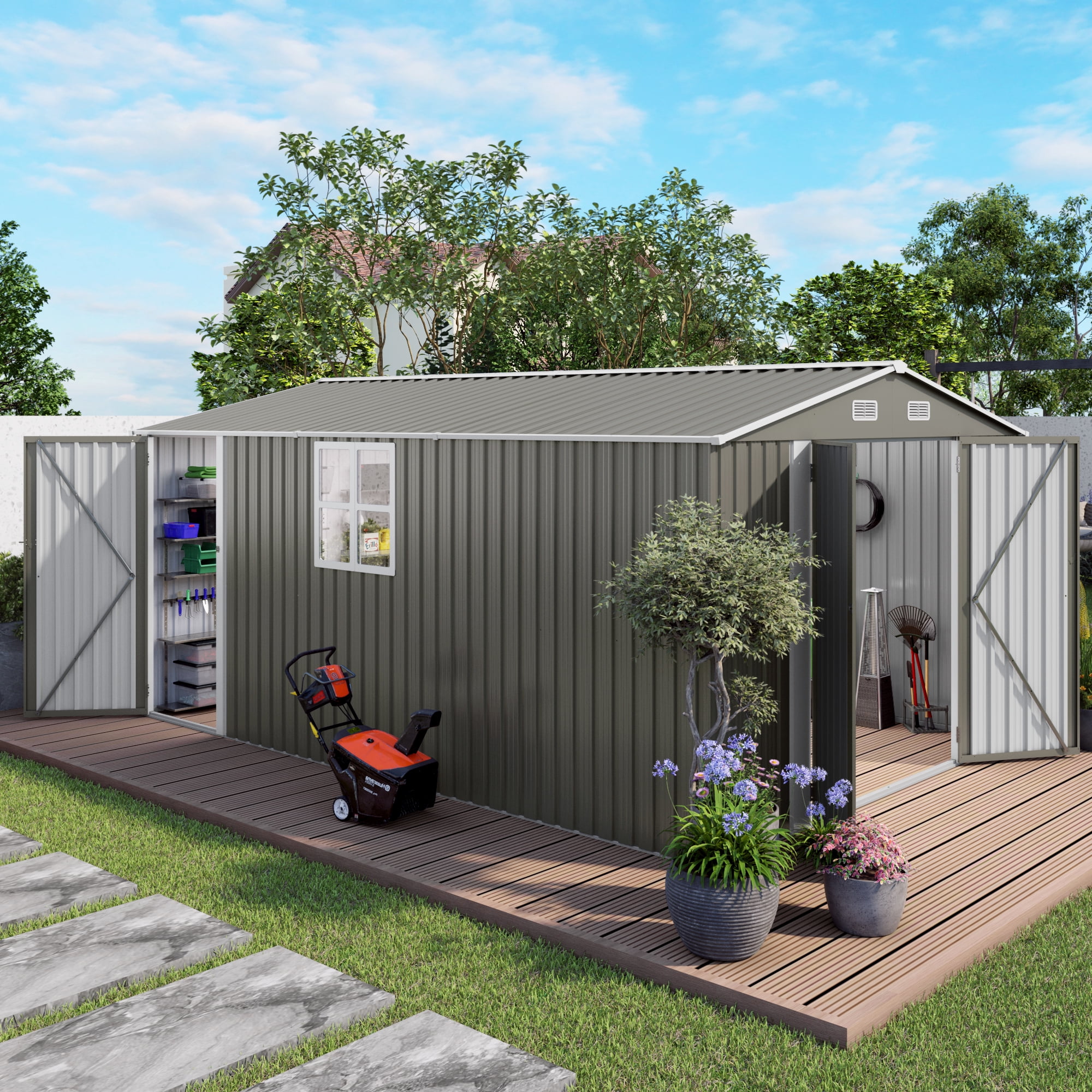 10 x 14 FT Outdoor Storage Shed, Large Metal Storage Shed with Three