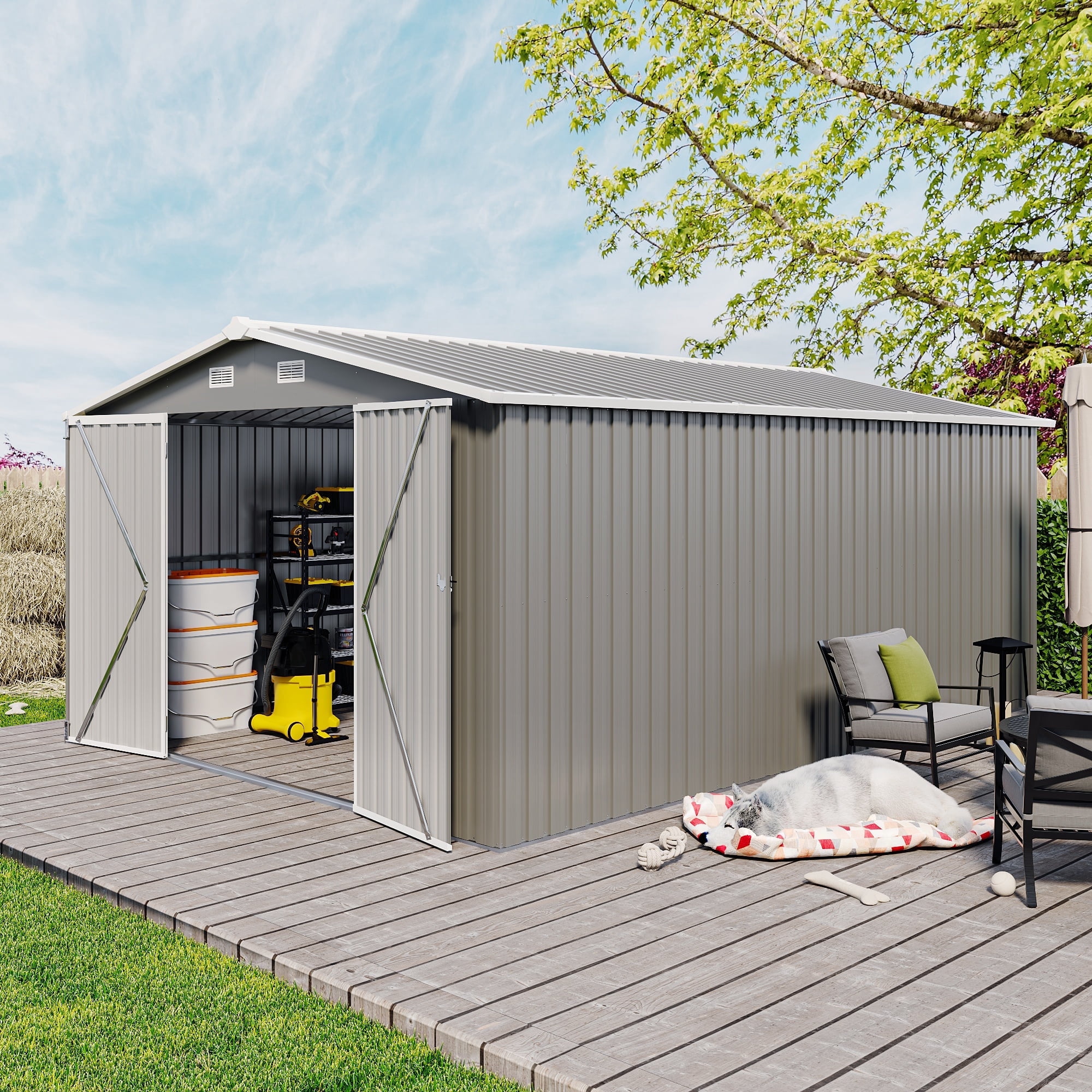 10 x 14 FT Outdoor Storage Shed, Large Metal Storage Sheds with 3 Lockable Door and 4 Air Vent, Surface Protective Film, Garden Tool Shed for Bicycles, Tools, Lawnmowers, Backyards, Patios, Lawns
