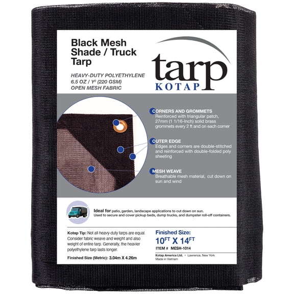 KOTAP 10 x 14 Ft. Shade/Truck Black Mesh Tarp, Debris Coverage, Breathability, 70% Shade, 6.5 oz/sq Yard, MESH-1014
