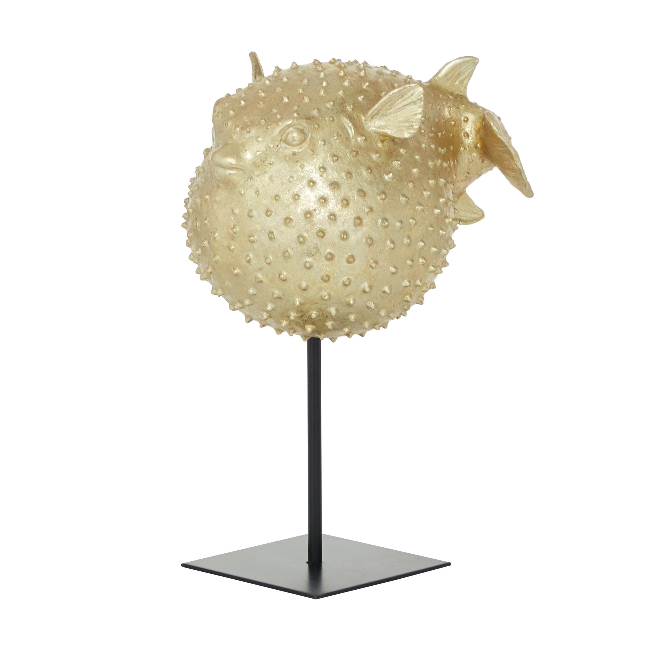 10" x 14" Gold Polyresin Handmade Spiked Blowfish Sculpture with Stand, by DecMode