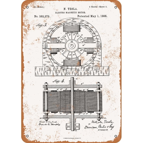 10 x 14 METAL SIGN - 1888 Nicola Tesla Electro Magnetic Motor Patent - Vintage Rusty Look
