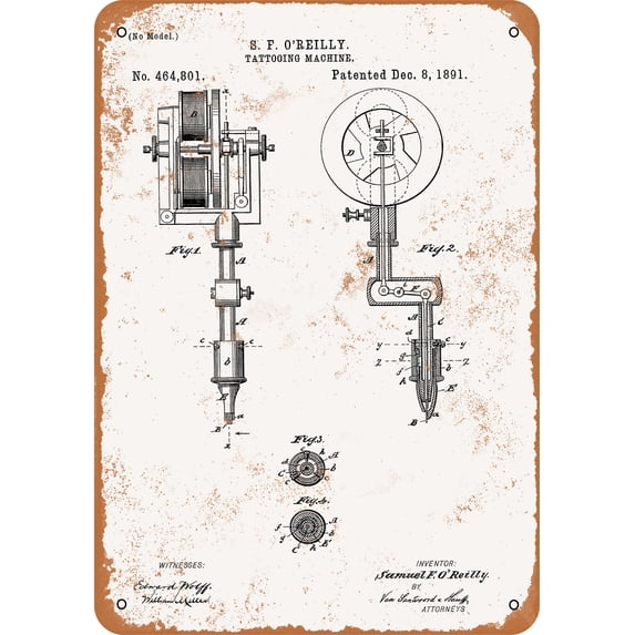 10 x 14 METAL SIGN - 1891 Tattoo Machine Patent - Vintage Rusty Look