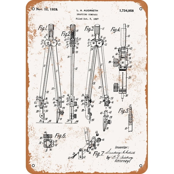 10 x 14 METAL SIGN - 1929 Drafting Compass Patent - Vintage Rusty Look