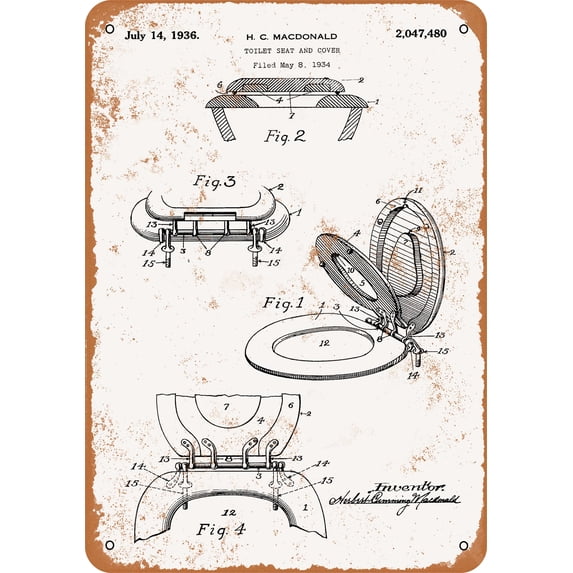 10 x 14 METAL SIGN - 1936 Toilet Seat and Cover Patent - Vintage Rusty Look
