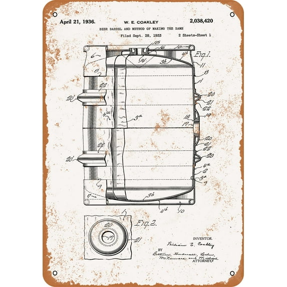 10 x 14 METAL SIGN - 1938 Beer Keg Patent - Vintage Rusty Look