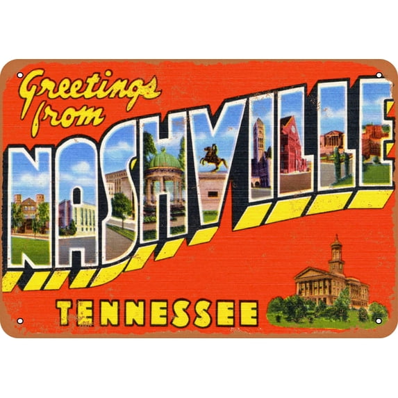 10 x 14 METAL SIGN - Greetings from Nashville - Vintage Rusty Look