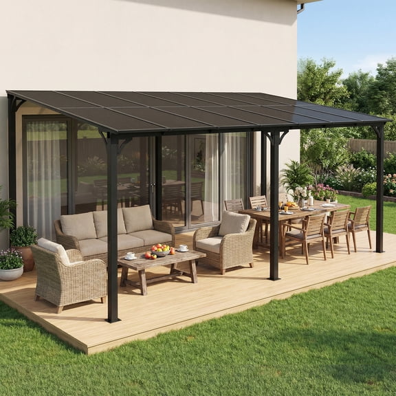 10' x 14' Wall-Mounted Pergola with Polycarbonate Roof Panels and Aluminum Frame, Lean-To Patio Cover for Backyard or Porch