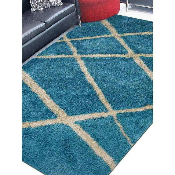 10 x 14 ft. Hand Tufted Shag Polyester Geometric Rectangle Area Rug, Turquoise & White