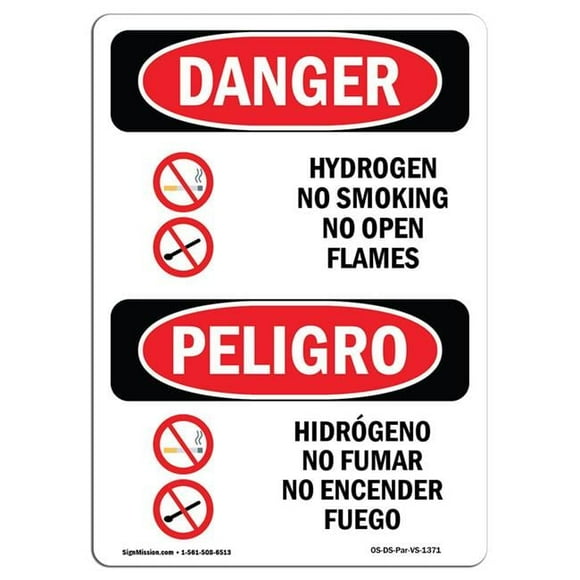 10 x 14 in. OSHA Danger Sign - Hydrogen No Smoking No Open Flames Bilingual