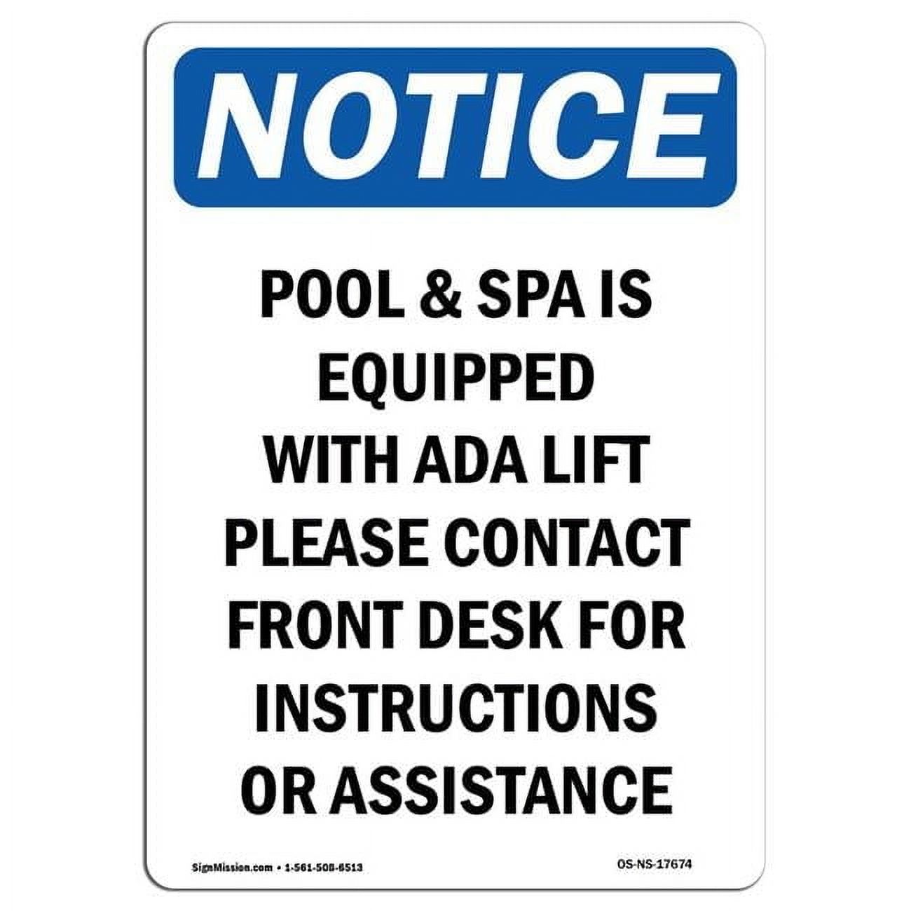 10 x 14 in. OSHA Notice Sign - Pool & Spa is Equipped with ADA ...