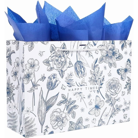 10 x 14 x 5 inch Flower Butterfly Gift Bags with Tissue Paper Reusable Paper Bags with Handles Goodie Party Favor Present Wrap Box for Birthday Wedding Anniversary Grocery Shopping Supplies