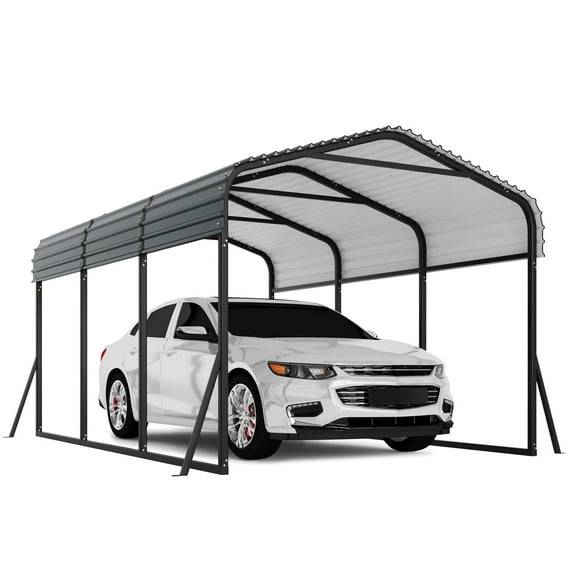 10 x 15 FT Metal Carport with Galvanized Steel Roof, Heavy Duty Metal Roof Carport with Enhanced Base, Tall Kits Garage for Tractors, Trucks, Boats, Cars