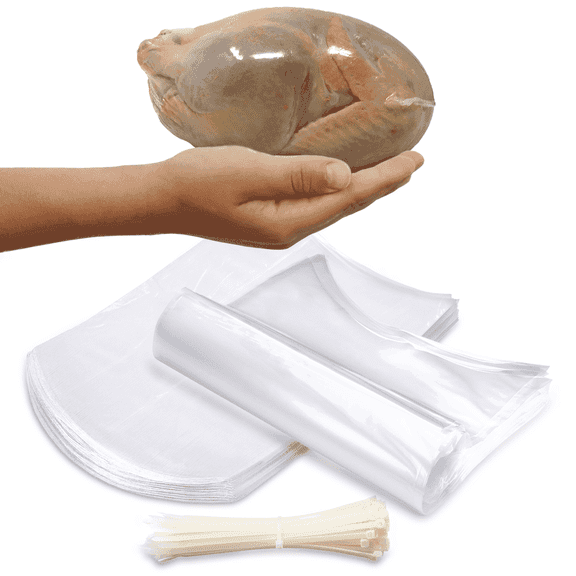 Poultry Shrink Bags - 50 Clear 10" x 16" for Whole Chickens or Rabbits w/ 50 zip ties included / 2.5 Mil Freezer Safe Commercial Grade BPA BPS Free