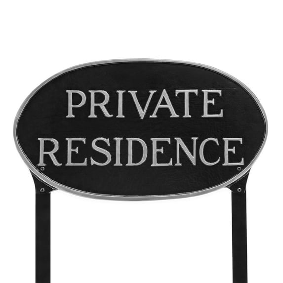 10" x 18" Large Oval Private Residence Statement Plaque Sign with Lawn Stakes - Black/Silver
