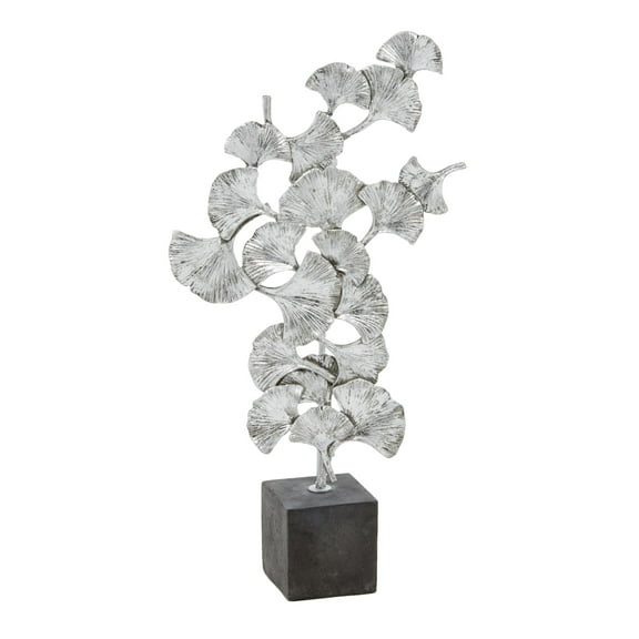 10" x 19" Silver Polystone Handmade Floral Sculpture with Black Block Base, by DecMode
