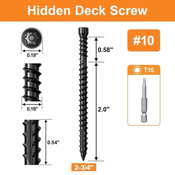 #10 x 2-3/4" Hidden Deck Screws, 350Pcs Star Drive Countersunk Wood Screws, Rust Resistant Timber Screws, T15 Star Bit Included, Black