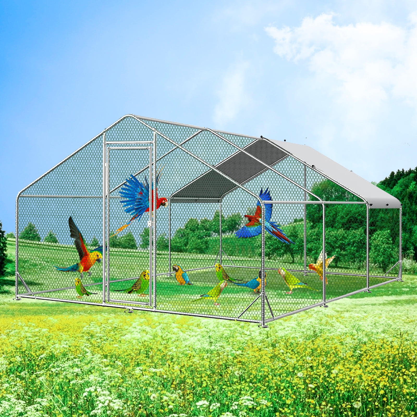 10' x 20' x 6.5' Large Metal Chicken Coop with Run for 20 Chickens