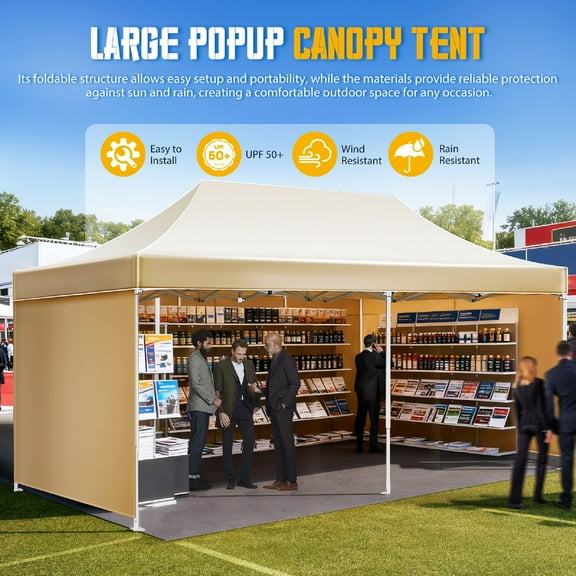 PartyKindom Folding Canopy Tent Khaki for Backyard and Outdoor Market Use