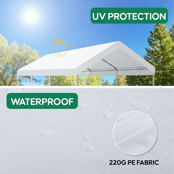 10 x 20 Ft Carport Replacement Canopy Cover Garage Top Tent Shelter with 36 Ball Bungee Cords Heavy Duty Waterproof UV & Tear Resistant, Easy Assembly, White (Only Cover, Frame Not Include) - White