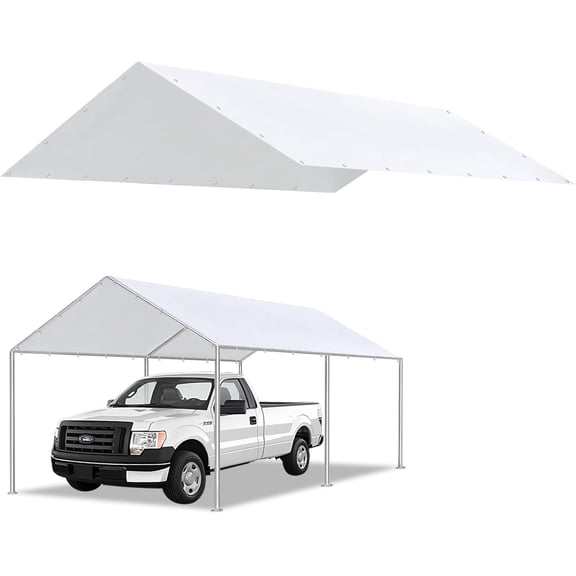 10 x 20 Ft Carport Replacement Canopy Cover Garage Top Tent Shelter Heavy Duty Waterproof UV & Tear Resistant Easy Assembly, White (Only Cover, Frame Not Include)