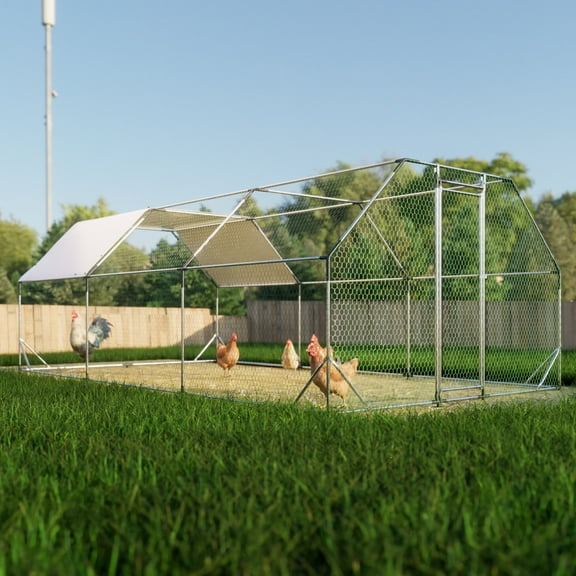 10' x 20' Galvanized Metal Chicken Coop - Large Walk-In Poultry Cage with Waterproof Cover