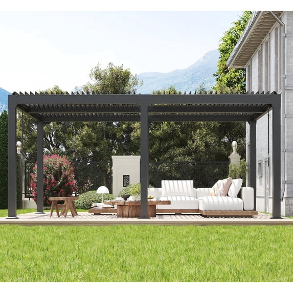 10' x 20' Louvered Pergola with Adjustable Roof, Reinforced Aluminum Frame & Integrated Drainage Outdoor Gazebo for Patio, Garden, Backyard, Dark Gray
