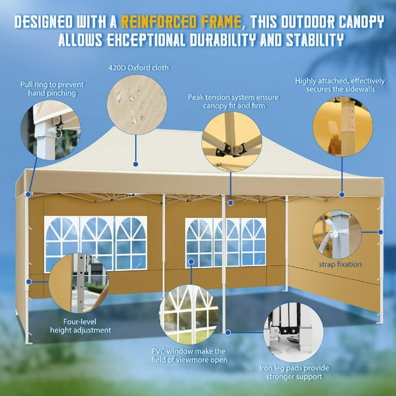 Khaki Outdoor Canopy Tent with Sides Water-Resistant Fabric for Events