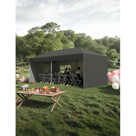 10'x 20' Pop up Canopy Tent, Waterproof Outdoor Party Tent, Portable Instant Commercial Event Gazebo Portable Tent with 4Pcs Sidewalls, 12 Stakes & 6 Sandbags for Backyard Wedding Party, Event, Black