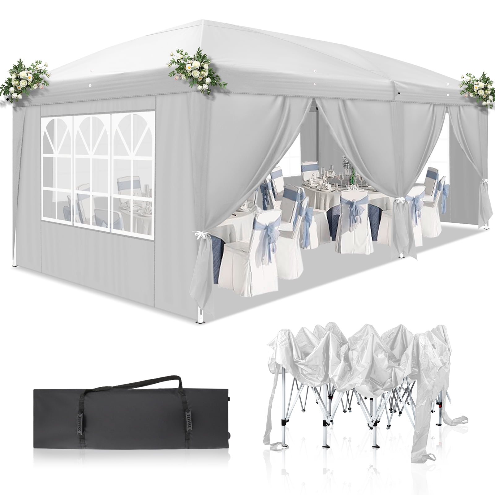 10x20 White Adjustable Height Pop-Up Canopy Tent with Sidewalls