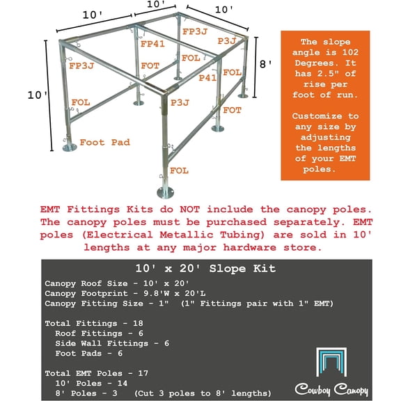 10' x 20' Slope Lean-to Canopy Fittings Kit Metal Carport Frame Parts 1 EMT Galvanized Steel