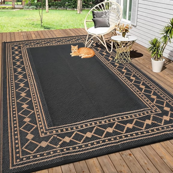 10 x 20 ft Outdoor Area Rug, Waterproof Reversible Plastic Straw Rug with Carry Bag and Stakes for Patio RV Camping Deck Backyard Beach - Black/Brown