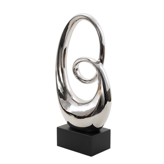 10" x 21" Silver Ceramic Swirl Abstract Sculpture with Black Wooden Base, by DecMode
