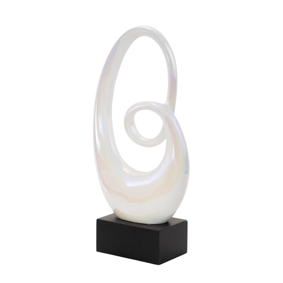 10" x 21" White Ceramic Swirl Abstract Sculpture with Black Wooden Base, by DecMode