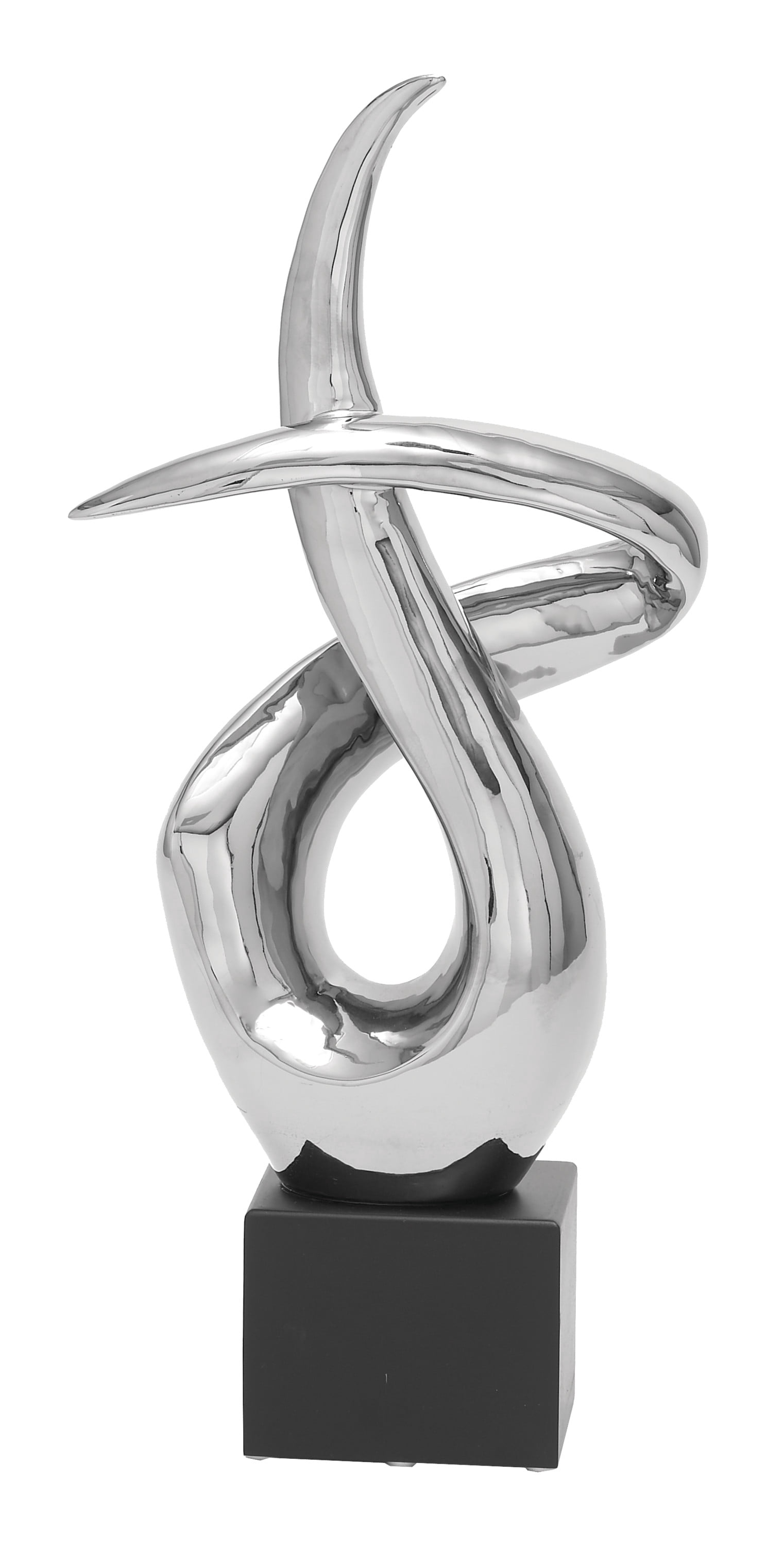 10" x 22" Silver Ceramic Swirl Abstract Sculpture with Black Base, by DecMode