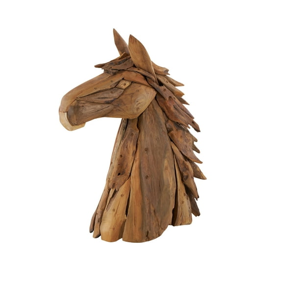 10" x 24" Brown Teak Wood Handmade Head Horse Sculpture with Layered Woodchip Pieces, by DecMode