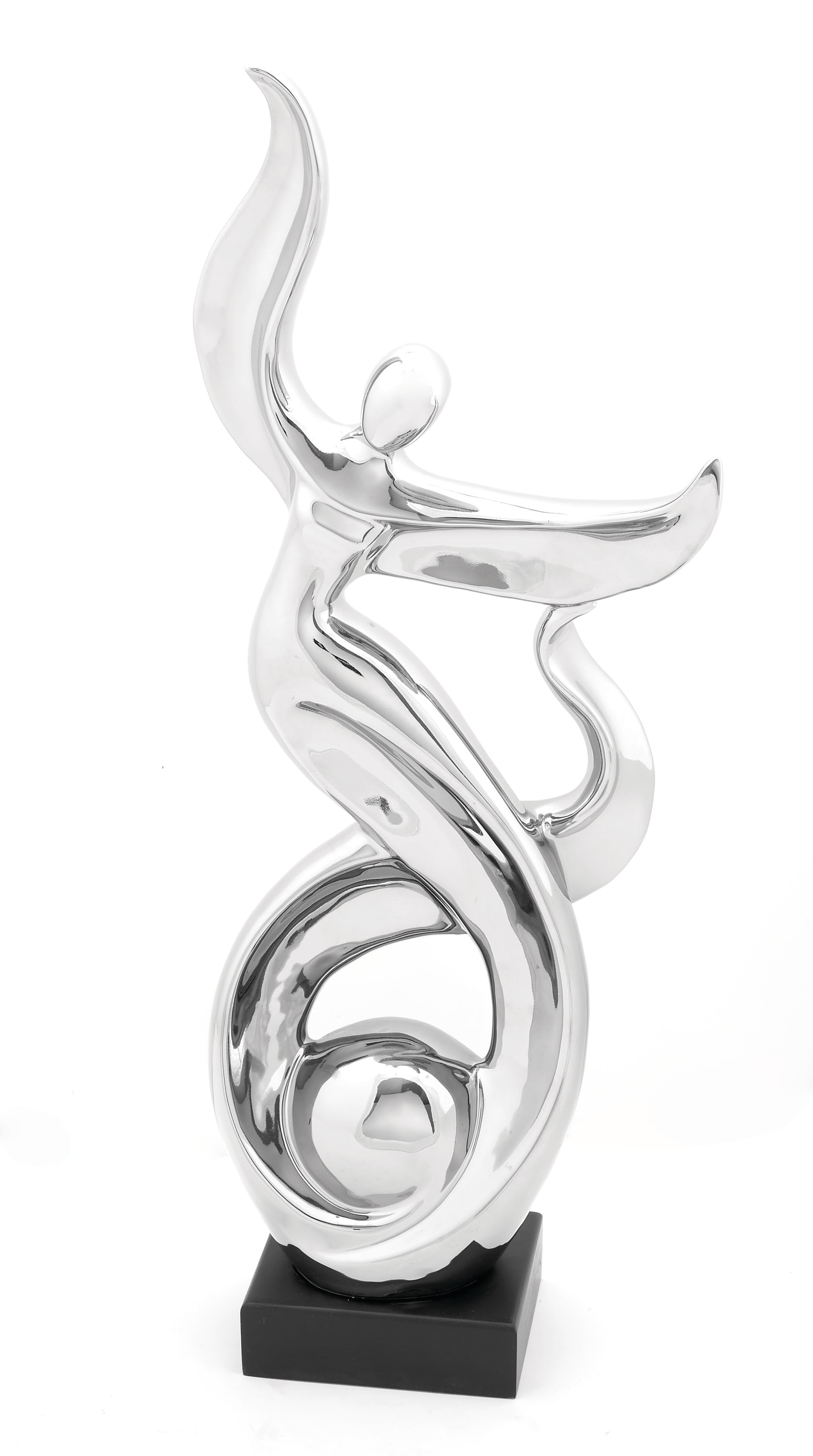 Silver Abstract Ceramic Dancer Statue with Black Base