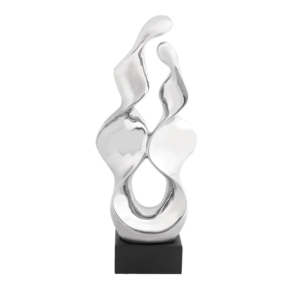 10" x 27" Silver Ceramic Wave Abstract Sculpture with Black Wooden Base, by DecMode