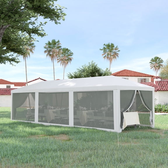 10' x 28' Party Tent Canopy, Outdoor Event Shelter Gazebo with 8 Removable Mesh Sidewalls Zipper Doors Steel Frame White Color