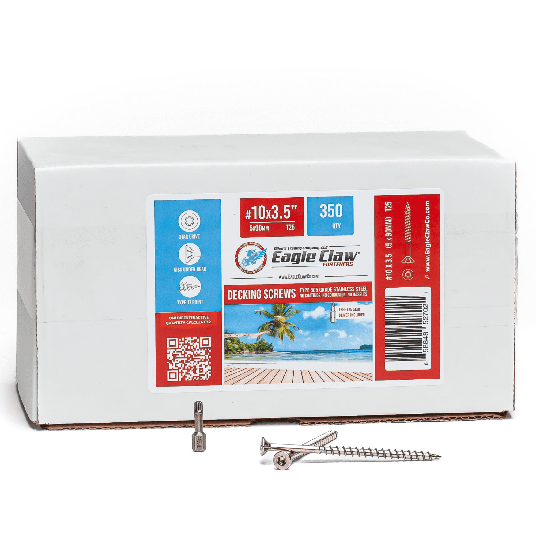 #10 x 3.5 Inch 305 Grade Stainless Steel Deck Screws 350 Pieces | T25 Star Torx Drive Flat Head Type 17 Point | Stainless Steel Screws by Allen's Trading Co. Eagle Claw Fasteners