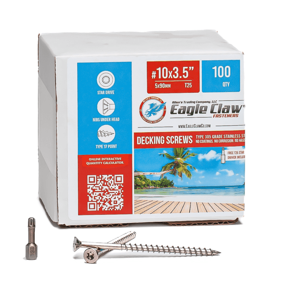 #10 x 3.5 Inch Stainless Steel Deck Screws 100 Pieces | T25 Star Torx Drive Flat Head Type 17 Point | 305 Grade Stainless Steel Wood Screws by Allen's Trading Co. Eagle Claw Fasteners