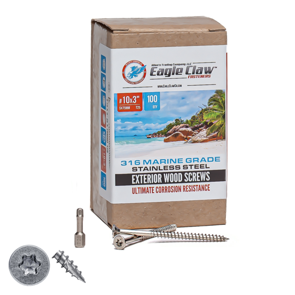#10 x 3 Inch 316 Marine Grade Stainless Steel Wood Screws 100 Pack T25 Star Drive Type 17 Point for Docks, Decks, Jetties, Fences or any Coastal Marine Construction by Eagle Claw Fasteners