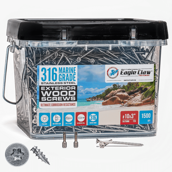 #10 x 3 Inch 316 Marine Grade Stainless Steel Wood Screws 1500 Pack T25 Star Drive Type 17 Point for Docks, Decks, Jetties, Fences or Any Coastal Marine Construction by Eagle Claw Fasteners