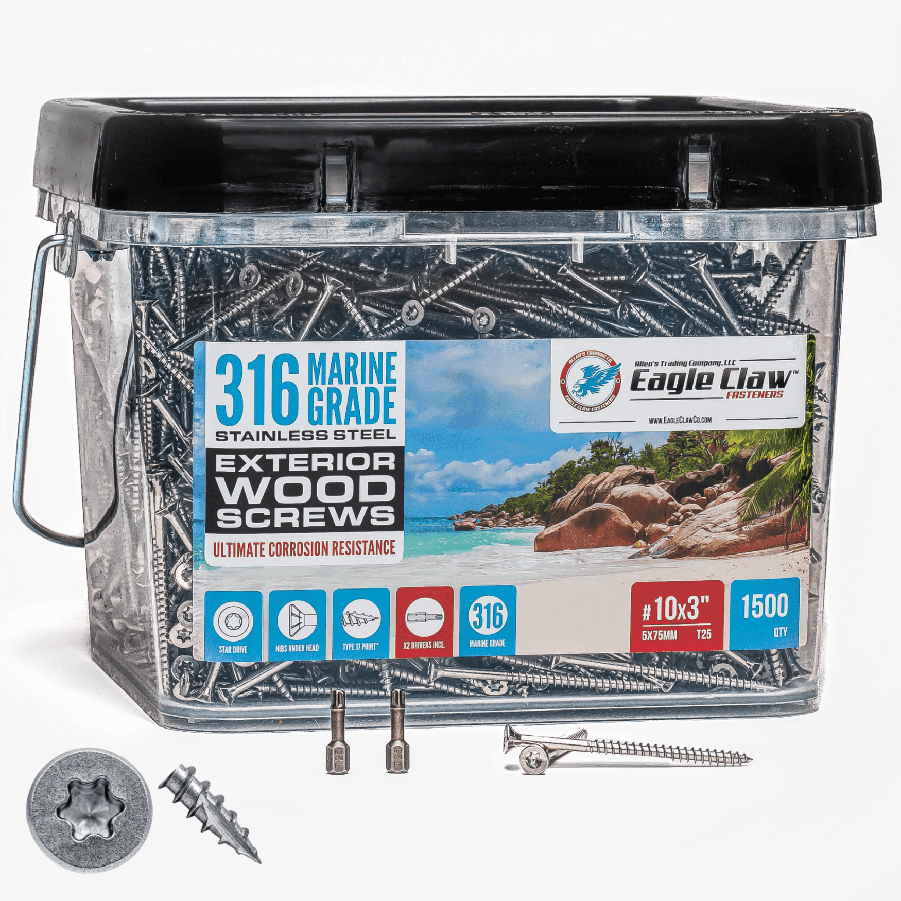 #10 x 3 Inch 316 Marine Grade Stainless Steel Wood Screws 1500 Pack T25 Star Drive Type 17 Point for Docks, Decks, Jetties, Fences or Any Coastal Marine Construction by Eagle Claw Fasteners