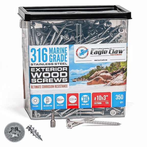#10 x 3 Inch 316 Marine Grade Stainless Steel Wood Screws 350 Pack T25 Star Drive Type 17 Point for Docks, Decks, Jetties, Fences or Any Coastal Marine Construction by Eagle Claw Fasteners