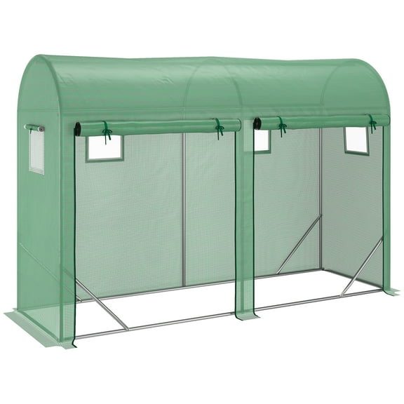 10' x 3' x 7' Walk-in Lean-to Greenhouse, Steel, 4 Zipper Roll-up Windows & 2 Doors, UV Protecting PE Cover for Growing Flowers, Vegetables, Tropical Plants, Saplings, Succulents, Green